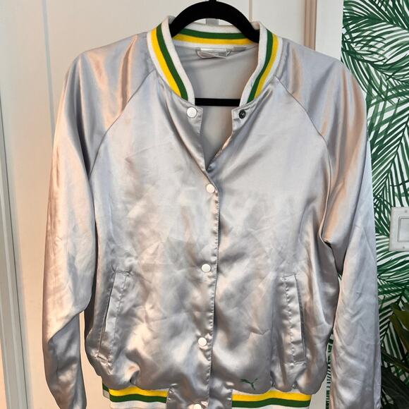 VTG Y2K Puma Women’s Silver Nylon Baseball Bomber Jacket Large - Picture 3 of 16